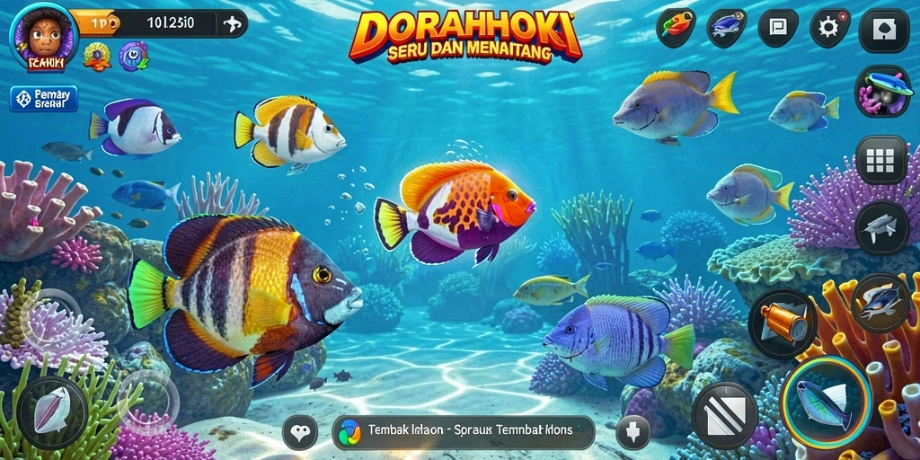 Tangkapan layar DORAHOKI menunjukkan aksi seru menembak ikan.
