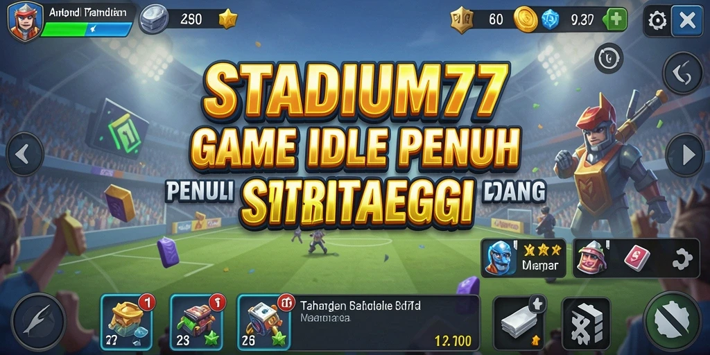 Screenshot gameplay STADIUM77 menampilkan stadion yang megah dengan banyak pengunjung.