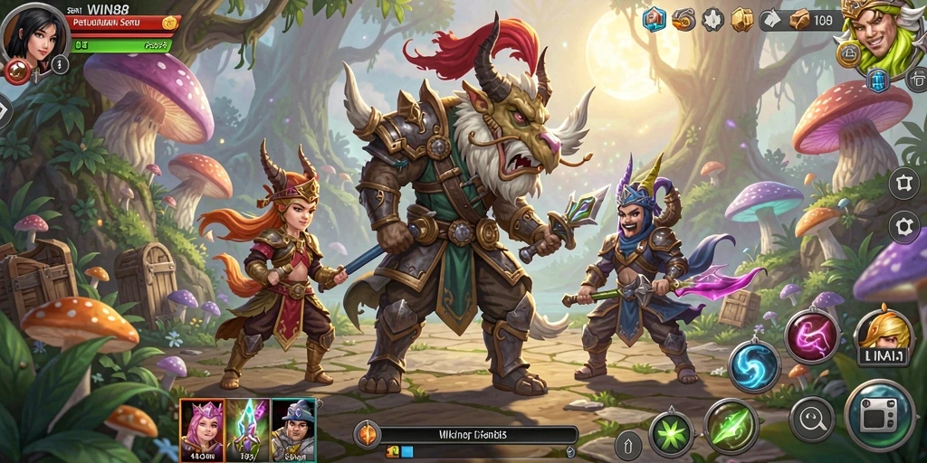 Screenshot gameplay <strong>WIN88</strong> yang menunjukkan petualangan seru di dunia fantastis.